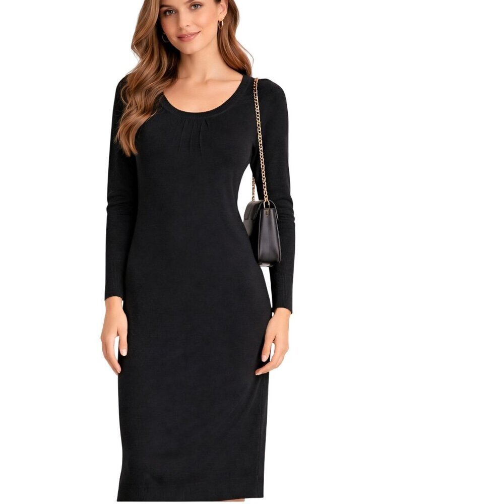 Lands End NWT Black Long Sleeve Scoop Neck Sweater Midi Dress Merino Wool Size M